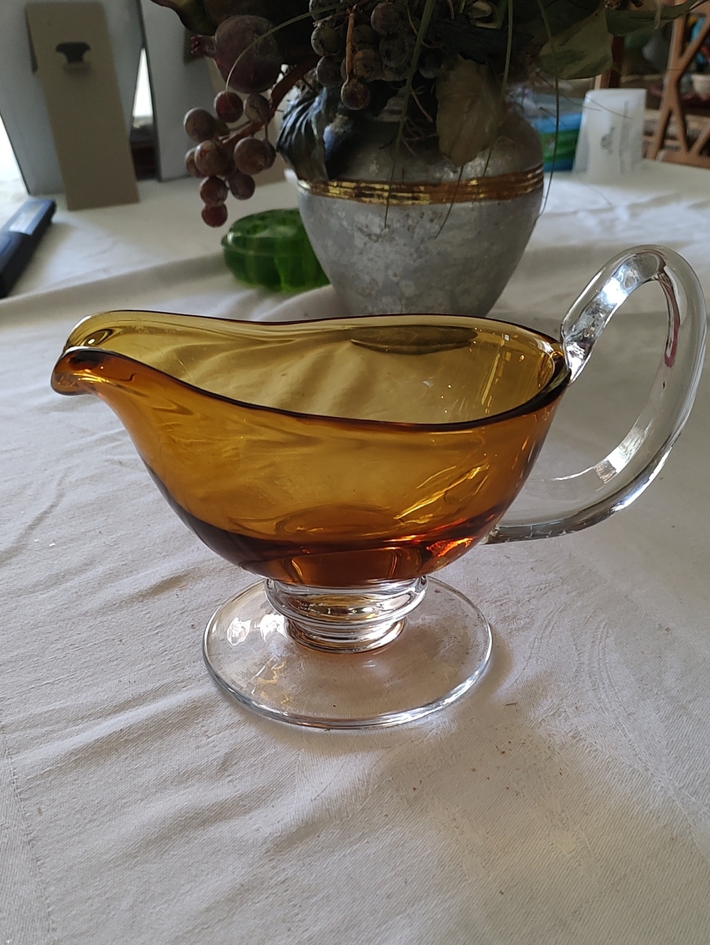 Large Williams Sonoma Amber Citrine and Clear Glass Footed Gravy Sauce Boat